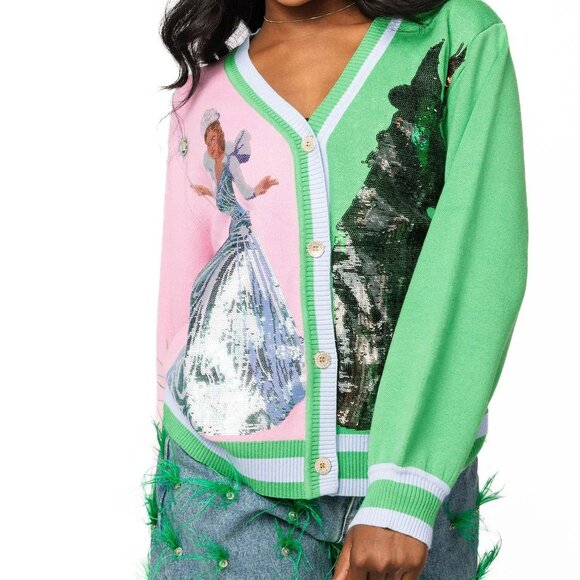 NWT Queen of Sparkles Wicked Licensed Colorblock Glinda & Elphaba Sequin Cardiga - Picture 6 of 9